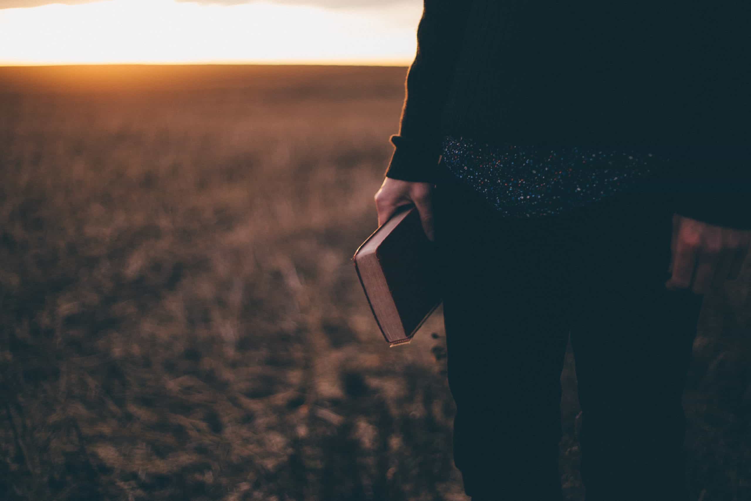 person holding bible in field in front of sunset