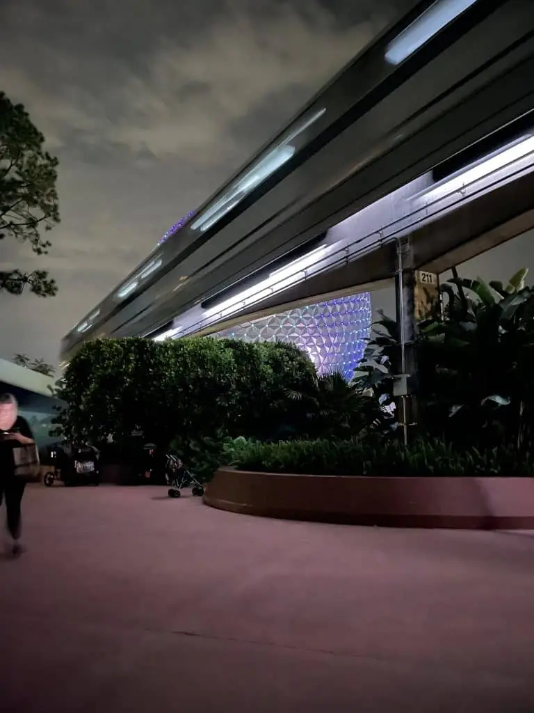 monorail in front of Epcot at Disney World