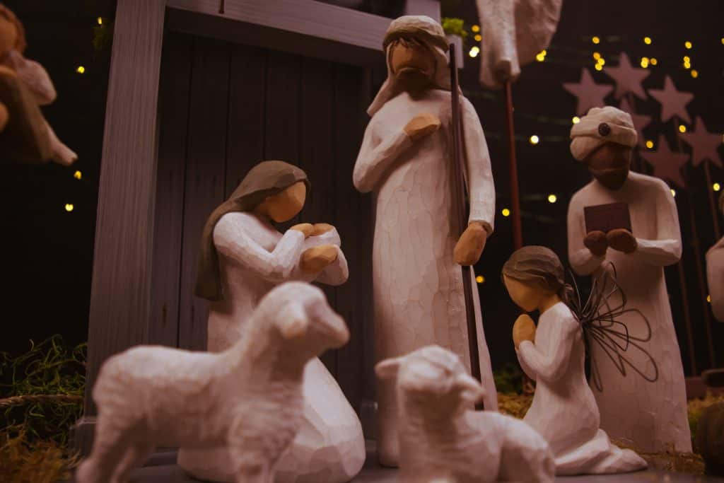 wooden figures in nativity scene